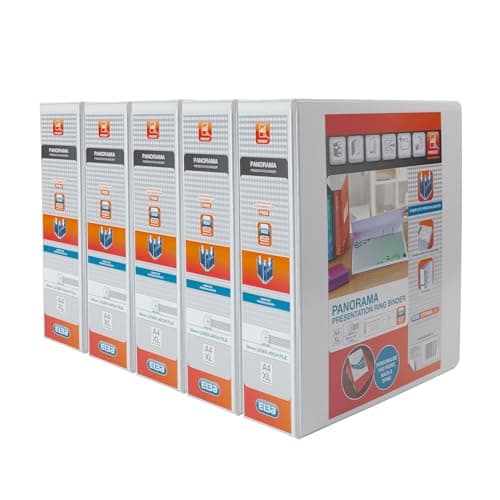 Image of Elba A4 2 D-Ring Lever Arch File, 56mm capacity, 90mm spine, Presentation Folder with Customisable Cover, Portrait, White (Pack of 5)