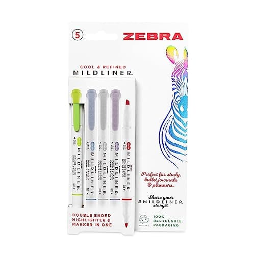 Image of Zebra Pen MILDLINER Dual Tip Highlighter Pens, Pastel Highlighters For Adults, Broad & Fine Tip Markers & Highlighters, Double Ended Pens, 5 Pk - Cool & Refined Colours