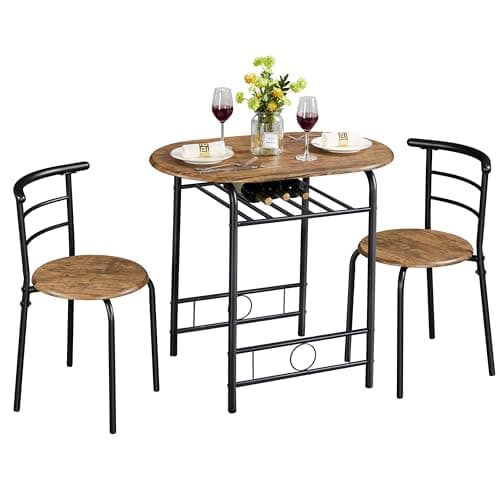 Image of Yaheetech 3 Piece Dining Room Set, Modern Dining Table and Chairs Set of 2, Compact Bar Table and Chairs with Metal Legs and Shelf Storage for Kitchen/Apartment/Small Space, Brown