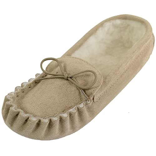 Image of SNUGRUGS Ladies Beige/Camel Suede Moccasin Slippers with Wool Lining and Suede Sole. Made in UK. Size 5