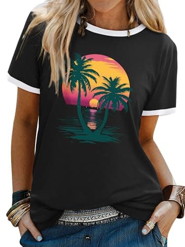 Image of WIEIYM Women T Shirts Tree Sunset Sea Graphic Print Summer Ladies Tshirt Holiday Beach Hawaiian T Shirt Unisex Crew Neck Short Sleeve Tops Black