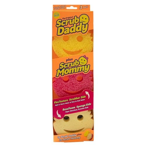 Image of Scrub Daddy + Scrub Mommy 3 Pack - Smiley Face Sponges for Cleaning & Washing Up - Multipack Kitchen Non Scratch Scourers with FlexTexture Firm & Soft Scrubbing, Dishwashing Scrubber