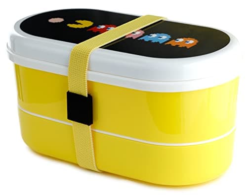 Image of Puckator Pac-Man Stacked Bento Box - Lunch Box for Adults and Kids with Compartments and Fork & Spoon - Snack Box - Food Containers with Lids - Stackable Snack Pots for Kids - Meal Prep Container