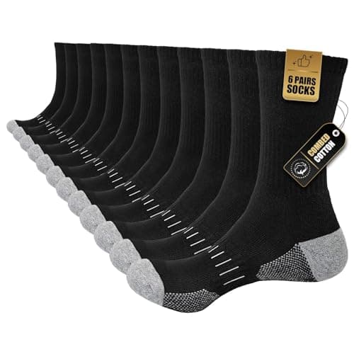 Image of Stoeury Cushioned Mens Socks, Cotton Mens Work Socks, Crew Walking Socks Womens Mens, 6 Pairs Athletic Sports Socks for Running Outdoor Hiking Cycling, Black, 6-8