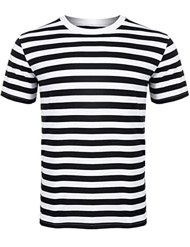 Image of Dolce Fashions® Men Women's Striped Cotton T-Shirt - Unisex Crew Neck Short Sleeve Stripes T-Shirt Casual Summer Top (Black-White, Small)