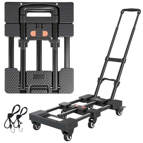 Image of Folding Hand Truck, Portable Heavy Duty Dolly Cart, 3.2KG Lightweight Foldable Moving Trolley with 2 Elastic Ropes, 6 Wheels Design with Wheel Brake for Travel, Moving & Storage