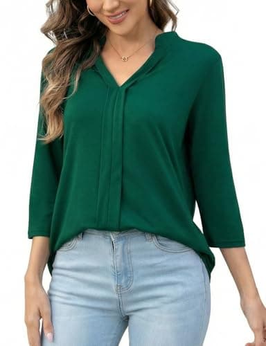 Image of FaerieFlair Green Blouses for Women UK, 3/4 Sleeve Ladies Tops V Neck Work Tunic Tops Loose Flowy Shirts Brunch Going Out Party Outfits Flattering Tops to Hide Tummy Belly Size 10-12 Dark Green