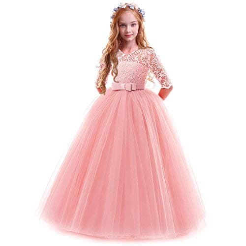 Image of IWEMEK Flower Girls 3/4 Sleeve Floral Lace Tulle First Communion Pageant Dresses Kids Big Girls Princess Birthday Carnival Christmas Bridesmaid Wedding Party Prom Ball Gown Pink 3-4 Years