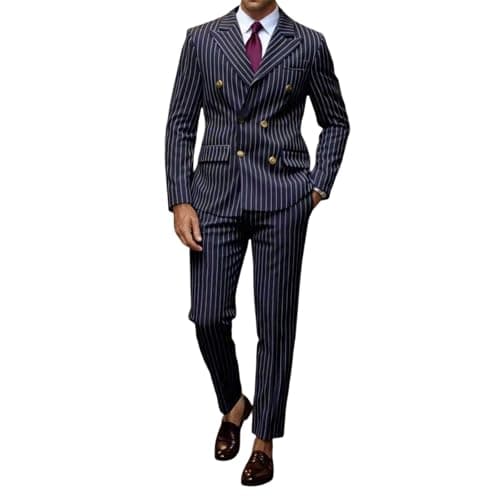 Image of Generisch Suits Checked Double Breasted Men's 2-Piece Suit Jacket Suit Trousers Regular Fit Pinstripe Jacket and Trousers Wedding Suits Formal Dress Tuxedo Set, blue, XL