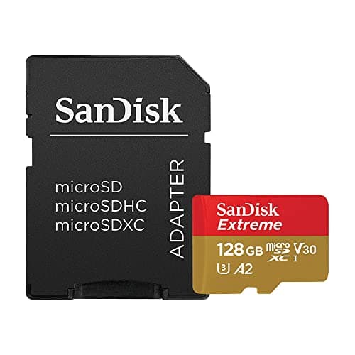 Image of SanDisk Extreme 128 GB microSDXC Memory Card + SD Adapter with A2 App Performance + Rescue Pro Deluxe, Up to 160 MB/s, Class 10, UHS-I, U3, V30 , Red/Gold