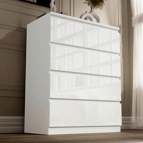 Image of Blisswood White High Gloss Chest of Drawers 4 Drawer Bedroom Furniture Storage Unit with Smooth Metal Runners, Modern Tall Cabinet for Bedroom, Living Room, Office or Hallway 40D x 70W x 95.5H CM
