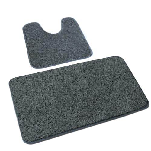 Image of Rururug 2-Piece Bathroom Rug Set, Soft Microfibre Bathroom Mat and Toilet Rug with Cut-Out, Non-Slip Bath Mat, Washable, Grey, 50 x 80 cm + 50 x 40 cm