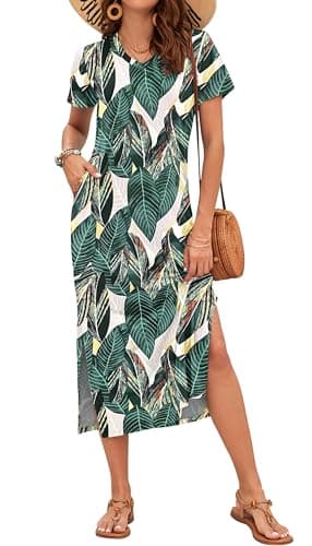 Image of AUSELILY Summer Dress for Women Short Sleeve Maxi Beach Sundress Slit with Pockets Elegant Dresses Leaf Print L