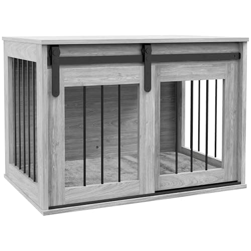 Image of PawHut Dog Crate Furniture, Large Dog Cage with Barn Door for Medium Breeds, End Side Table Pet Kennel with Removable Cushion for Indoor Use, 80 x 54 x 57cm, Grey