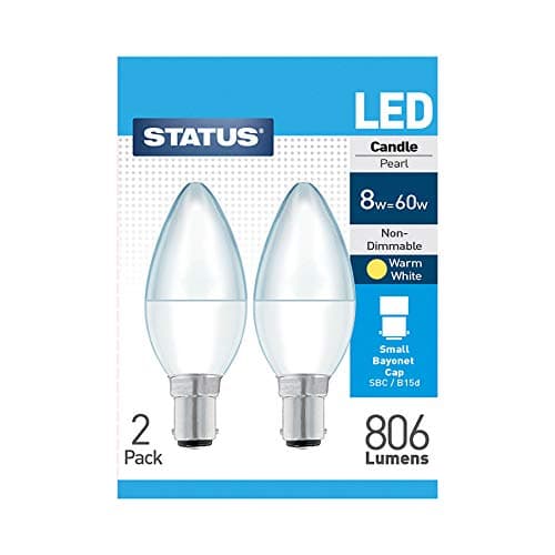 Image of Status 2 x 8watt Candle LED SBC B15 Small Bayonet Cap Opal Warm White Equivalent to 60 watt Twin Pack