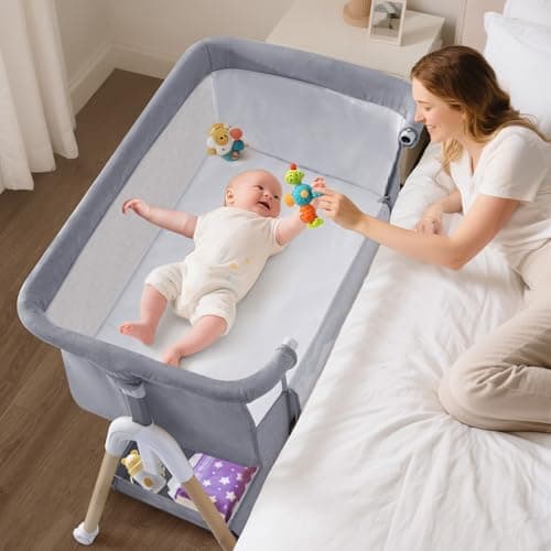 Image of 3 in 1 Baby Beside Crib for Babies from Birth to 9kg, Portable Baby Cot Bed Travel Baby Bassinet Bedside Crib Adjustable Height & Incline 4 Lockable Wheels Baby Co-Sleeper for Newborn Infant Grey