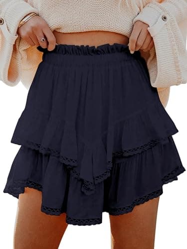 Image of Oyamiki Skirts for Women UK Elasticated Waist Flowy Pleated Mini Golf Tennis Shorts Navy Blue Ruffle Hem Summer Skirt S