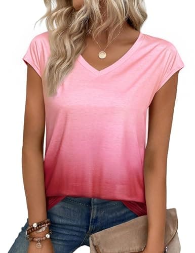 Image of Aottori Short Sleeves Tops for Women V Neck Basic T Shirts UK Summer Gradient Tie Dye Tee Shirt Casual Stretch Loose Fit Tunic Blouse Pink S