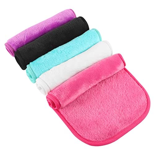 Image of 5 Pack Make Up Remover Cloth, 15.75 * 7.87in Flannel Face Cloth Face Wipes for Sensitive Skin Make Up Removing (Black+Violet+Cherry Red+Green+White)
