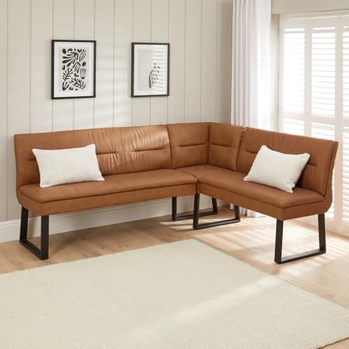 Image of Bronx Corner Dining Bench | Tan Brown Faux Leather | Industrial Style Kitchen Seating | Vegan Friendly Upholstery | Seats 5 People | Reversible Left or Right Hand Layout | Steel Frame | 213cm Long