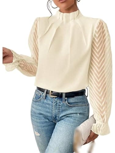 Image of Women's Casual Long Sleeve Frill Mock Neck Lantern Sleeve Shirts，Smocked Tops Women Fall Blouses for Women 2024 (Beige,L)
