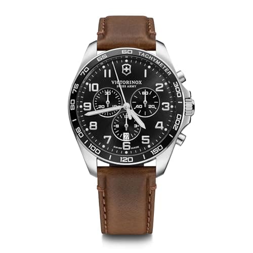 Image of Victorinox Men’s Watch Fieldforce Classic Chrono Ø 42 mm, Analogue Quartz, Water-Resistant up to 100 m, Sapphire Glass, Leather Strap, Black/Brown