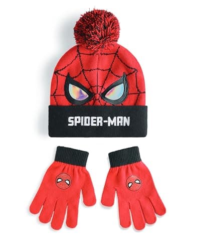 Image of Marvel Spiderman Boys Beanie Hat & Gloves Set | Red & Black Knitted Winter Hat with Spiderman Eyes & Web | Kids One Size Pom Pom Hat with Heat Transfer Print Gloves | Superhero Movie Merchandise Gift