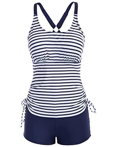 Image of Women Adjustable Two Piece Tankini Strap U Neck Drawstring Swimsuits with Removable Bust Pads Stripe Navy L