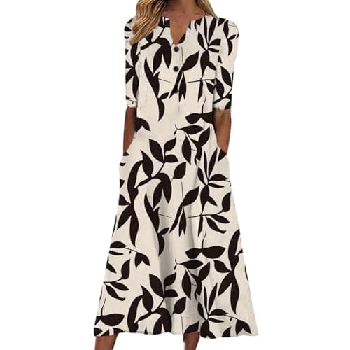 Image of Boho Dresses for Women UK Clearance Italian Short Sleeve Button V Neck Dress with Pocket Ladies Floral Casual Sundress Elegant Swing Midi Dress Loose Pullover Lounge Dresses Beach Holiday Sundress