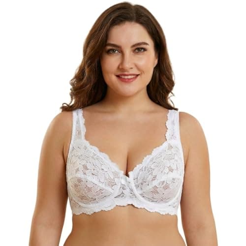 Image of reshmena® Underwired Womens Lace Bra, Women's Push Up Bra Full Coverage Soft Cups Floral Lace Women Non-Padded Bra with Adjustable Straps Womens Everyday Bralette 36C White