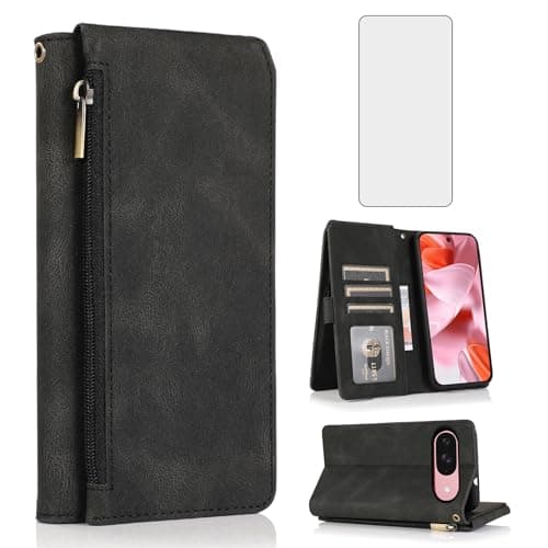 Image of Asuwish Compatible with Google Pixel 9/9 Pro/10/10 Pro 5G Wallet Case Screen Protector and Zipper Retro Leather Flip Cover Card Holder Stand for Pixel9 9Pro/Pixel10 10Pro Nine Ten Women Men Black