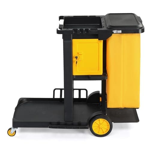 Image of Bonnlo Lockable Cleaning Trolley on Wheels – Janitorial & Sanitation Supplies Cart, Cleaning Bag, Tool Holders & Secure Cupboard – Mobile Cleaning Caddy for Office, Wheelie-Bin Cleaner