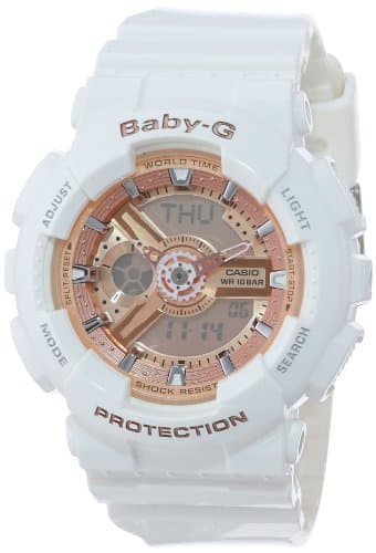 Image of Casio Women's BA-110-7A1CR Baby-G Pink Analog-Digital Display and White Resin Strap Watch, White, 42mm Wide by 15mm Thick, Sport