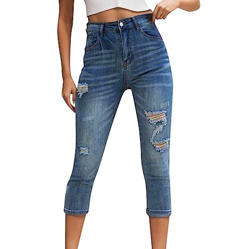 Image of Cropped Jean Stretch Jeggings for Women UK Ladies Capri Stretchy Jeans Knee Length Shorts Summer Trouser 3/4 Length Pull On Denim Trousers Casual Pants Tights Vintage Distressed High Waist (Blue-E, M)