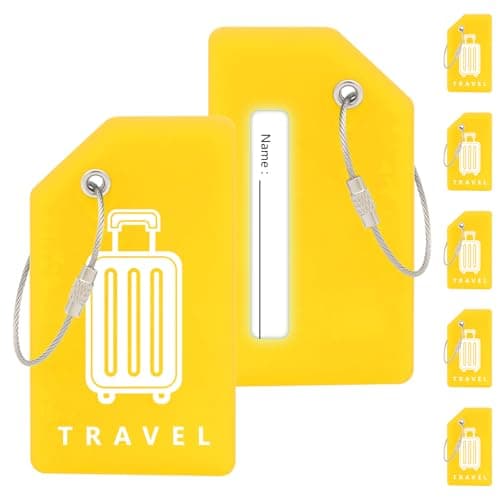 Image of Teskyer 5 Silicone Luggage Tags for Suitcases - Durable, Noticeable, Soft, with Steel Loops, Luggage Labels with Name ID Card, Travel Accessories, Yellow