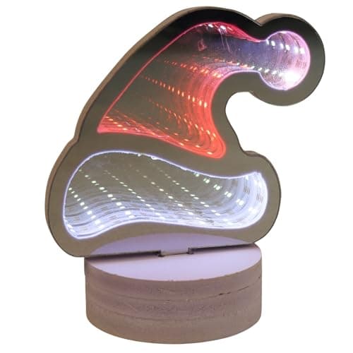 Image of Mr Crimbo Mini Santa Hat Christmas Infinity Mirror Light with Colour Changing LED Illusion, Double-Sided Festive Design, 15cm Freestanding Decoration, Battery Operated Xmas Ornament for Home Display