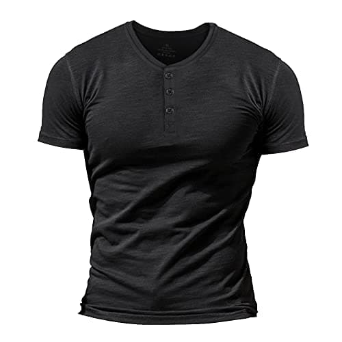 Image of Men's Slub Henleys T-Shirt Short Sleeve Lightweight Relaxed Fit Casual with 3 Buttons Placket Round Neck Shirts Color Black Size L