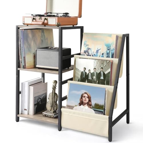 Image of Bikoney Record Player Stand with 3-Tier Vinyl Storage – Turntable Table Holds Up to 200 Albums, Vinyl Record Cabinet for Living Room, Retro Side Table & LP Holder Furniture Unit (White)