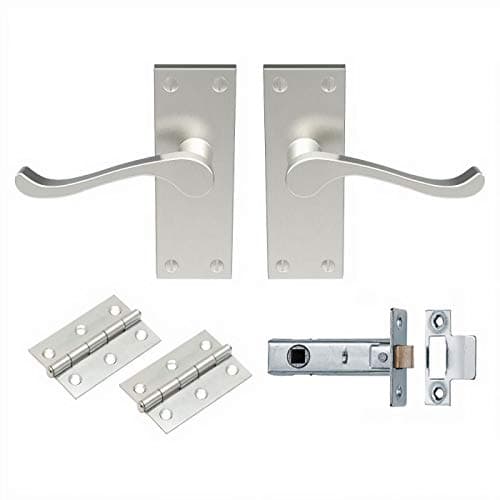 Image of Carlisle Brass - Victorian Scroll Lever Latch Door Handles, 64mm Mortice Tubular Latch and Hinges Set for Internal Doors (Satin Nickel)