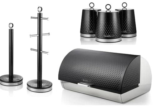 Image of Swan Elegance Black Breadbin, Tea, Coffee, Sugar Canisters, Mug Tree and Towel Pole. Contemporary Matching Kitchen Storage Set with a Premium Textured Black Finish and Stainlesss Steel Accents