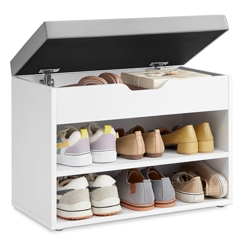 Image of VASAGLE Shoe Bench with Cushion, Storage Bench with Padded Seat, Hallway Bench with 3 Compartments, 30 x 60 x 44 cm, for Bedroom, Living Room, Cloud White LHS020W02