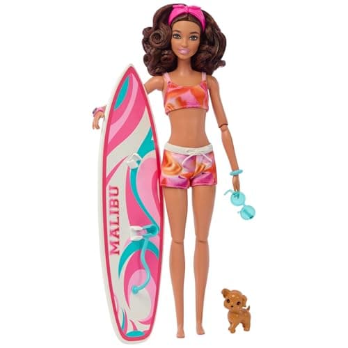 Image of Barbie Doll with Surfboard and Pet Puppy, Poseable Brunette Barbie Beach Doll with Themed Accessories like Towel and Stereo, HPL69