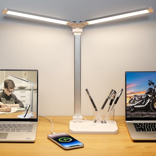 Image of iVict Dual Swing Arm LED Desk Lamps, 5 Light Modes x 10 Brightness Levels Desk Light with USB Charging Port, 45 Minutes Auto Timer Table Lamp, Desk Lamp for Home Office, Bedroom, Reading