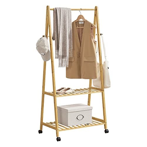 Image of [en.casa] Bamboo coat rack Öckerö 152 x 70 x 43 cm Rolling coat rack with clothes rail Coat rack with 2 shelves and 4 coat hooks Open wardrobe Rollable