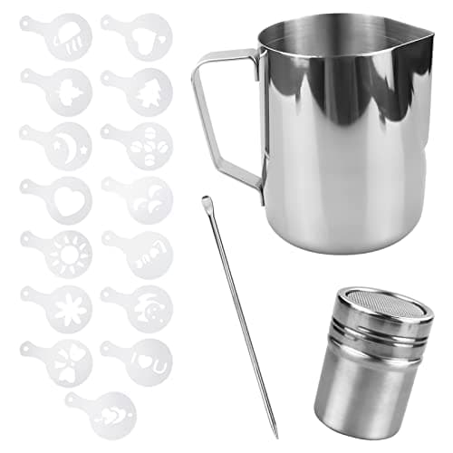 Image of Milk Jug 600ml, Milk Jug for Coffee Machine, Powder Shaker with Lid, Pull Flower Moldan and Latte Art Pen Stainless Steel Milk Frothing Pitcher, for Hot Chocolate Cappuccino Coffee Latte Art Maker