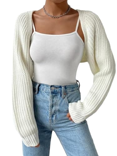 Image of ensswliz Women's Cropped Cardigans Long Sleeve Ribbed Knit Shrug Open Front Sweater Bolero Top Summer Vacation Clothes (A-White, S)