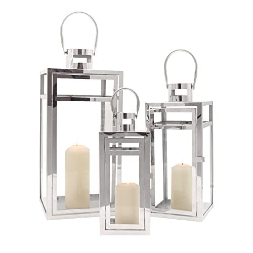Image of TRIROCKS Set of 3 Stainless Steel Decorative Lantern 48cm&38cm&30cm High Metal Hanging Holder with Clear Glass Panels Perfect for Home Decor Living Room Indoor Tabletop Outdoor (Silver)