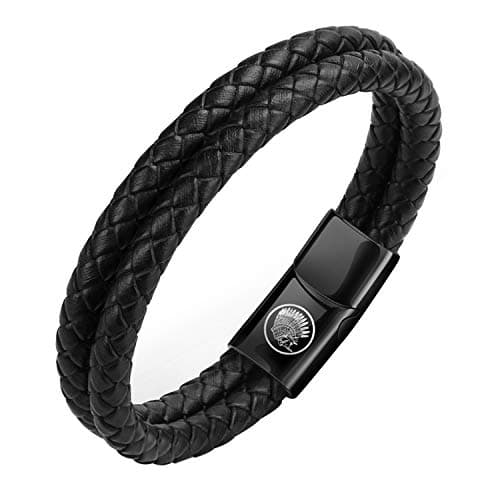 Image of Casisto.J Black Leather Bracelet for Men – Handmade Braided Double Layer Leather Rope Wristband, Genuine Leather Cuff Bracelets with Magnetic Stainless Steel Clasp, Mens Jewellery Gift
