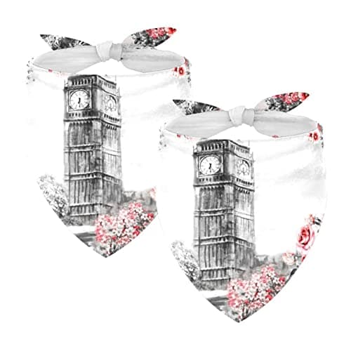 Image of Dog Bandanas 2 Pack, London Big Ben Rose Pet Scarf, Chiffon Bandanas Triangle Bibs Accessories for Small Medium Large Dogs Puppies Pets