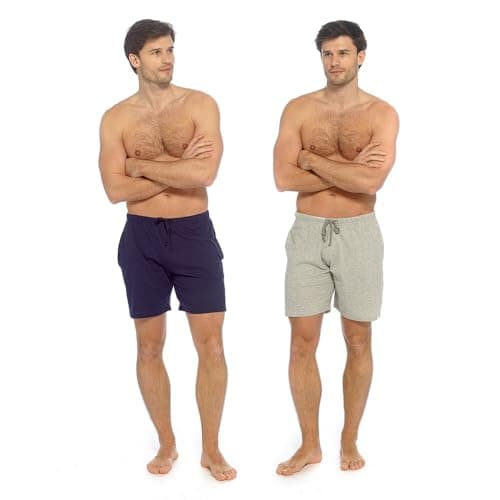 Image of GM Apparel Mens Pyjama Shorts 2 Pack - Soft Jersey Cotton Lounge & Sleep Shorts, Elastic Waist with Drawstring, Pockets Breathable, Summer Nightwear - Twin Pack (Grey Marl/Navy, M)
